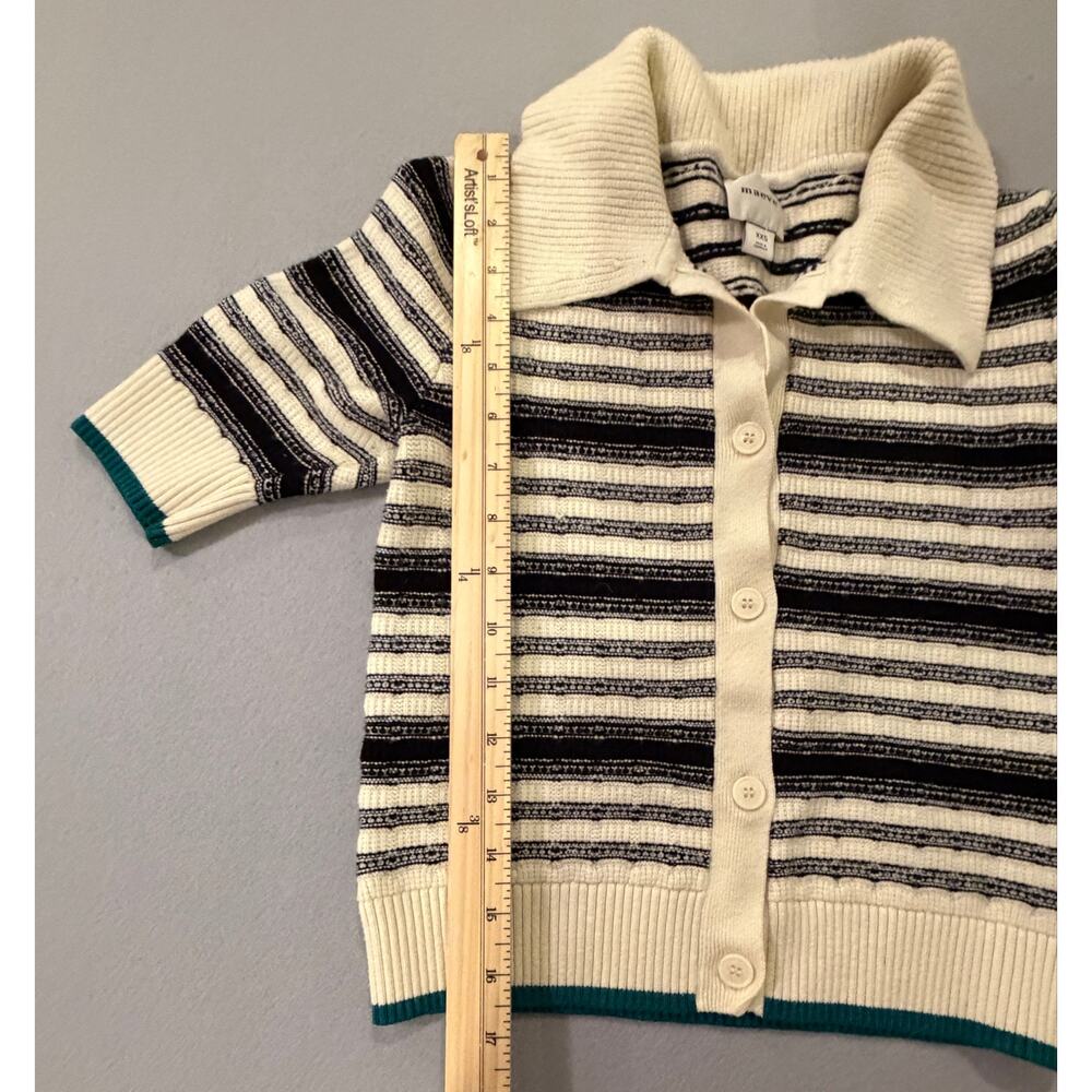 Maeve Anthropologie Striped Knit Polo Cardigan Sweater Black Cream Green Trim - Picture 5 of 9